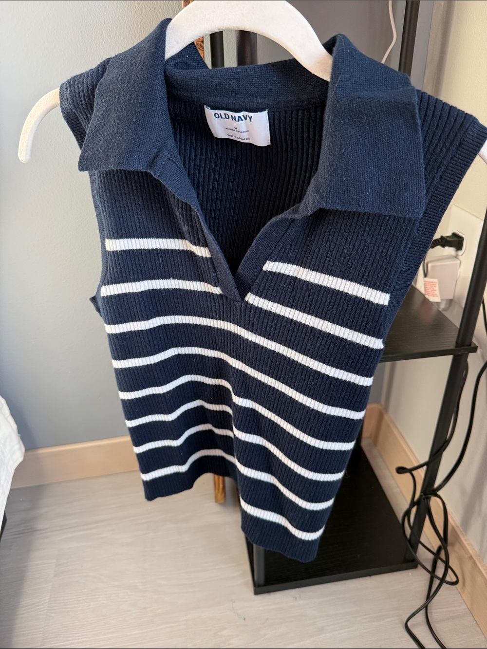 Old Navy Navy and White Striped V-Neck Sleeveless Sweater